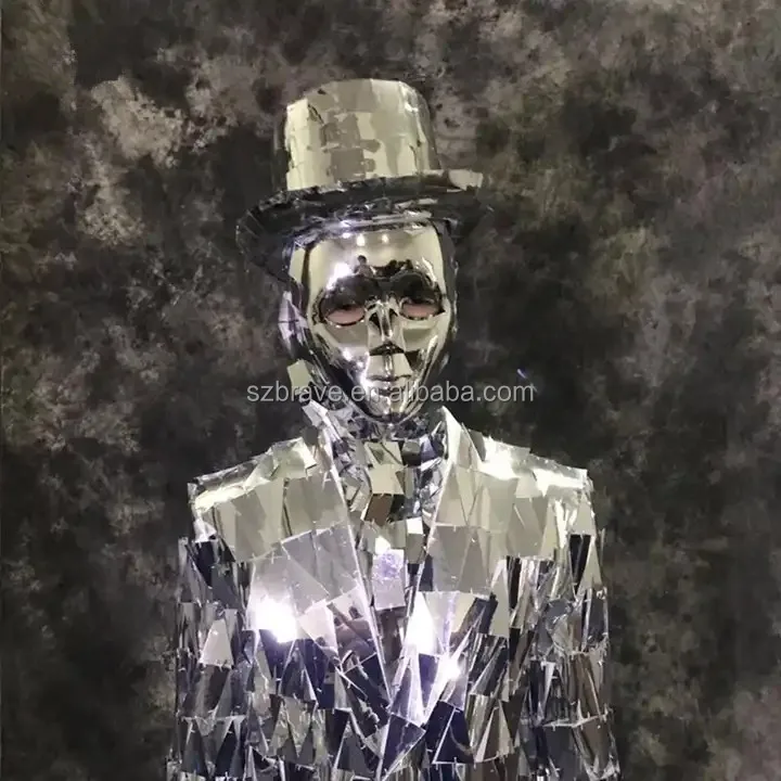 Customized Singer Club Stage Dance Performance Wear Silver Mirror Man Costume Mirror Women Dress Glass Robot Suit