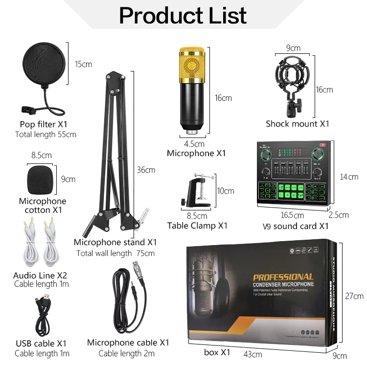 USB V9 Sound Card bm800 mic professional studio microfono condensador bm 800 podcast equipment microphone and sound card set