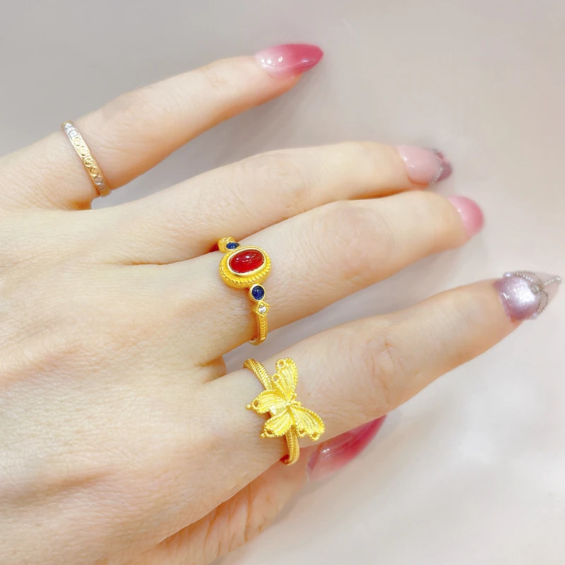 Golden Carnelian Enamel Mini Palace Sparrow 14K Gold Ring - Solid Gold Wedding Band for Women