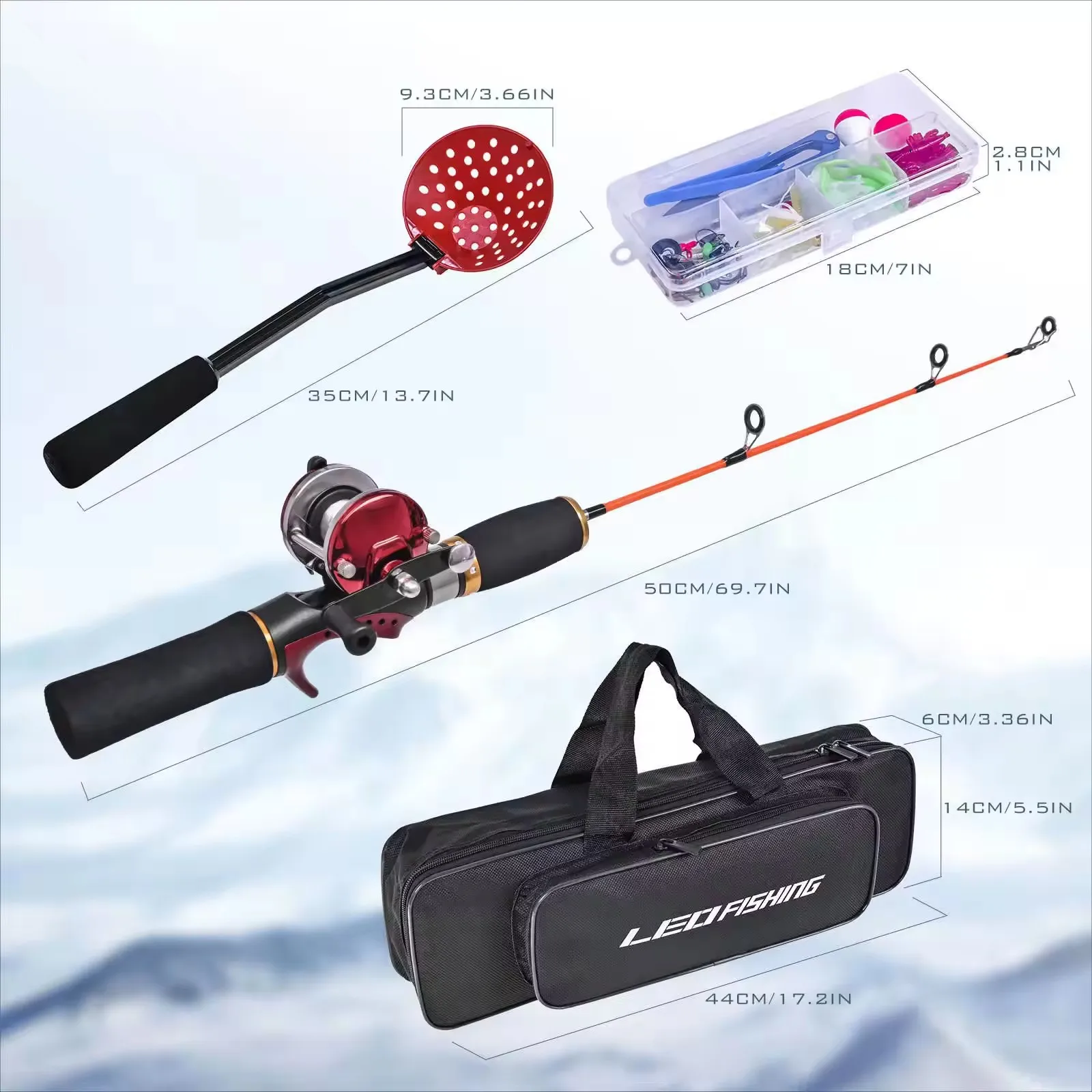 Wholesale 50cm red ice fishing rod suit, hard drum wheel bait suit raft fishing gear