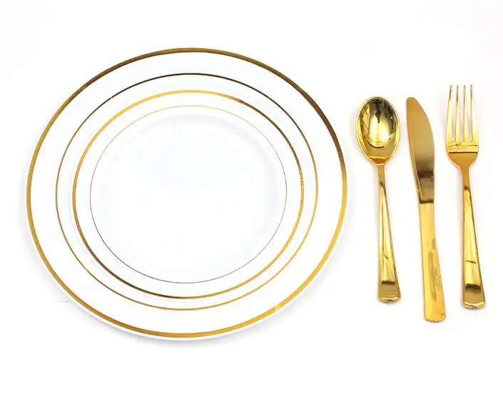 White and Gold Charger Plates Round High Quality hot stamping Disposable plastic Western food party dinner wedding