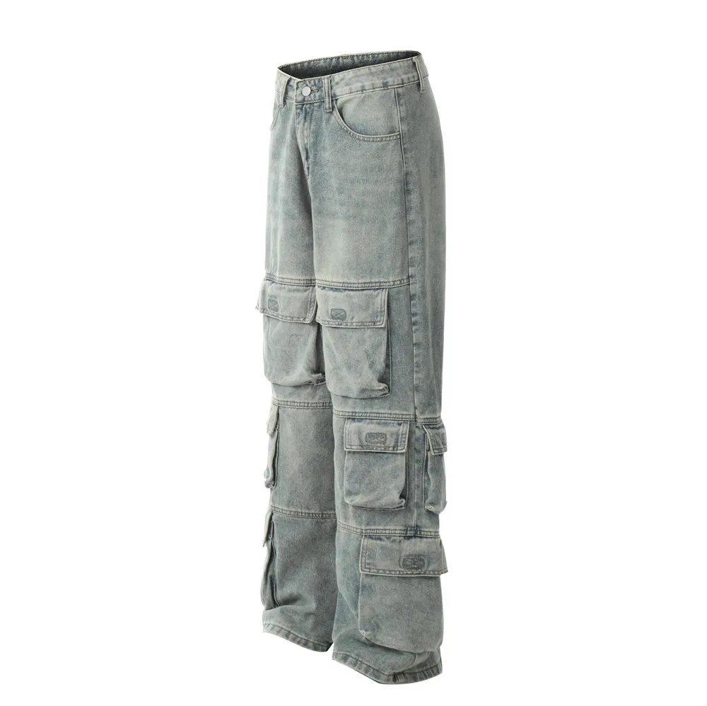 American Street Men Faded Washed Cargo Jeans Custom Denim Y2k Fashion Wide Leg Jeans Bottom Carpenter Pants Baggy Designer Jeans
