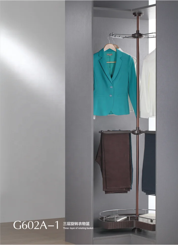 Hot sell three layers rotating clothes basket wardrobe accessories with trousers rack for 90 degrees corner wardrobe