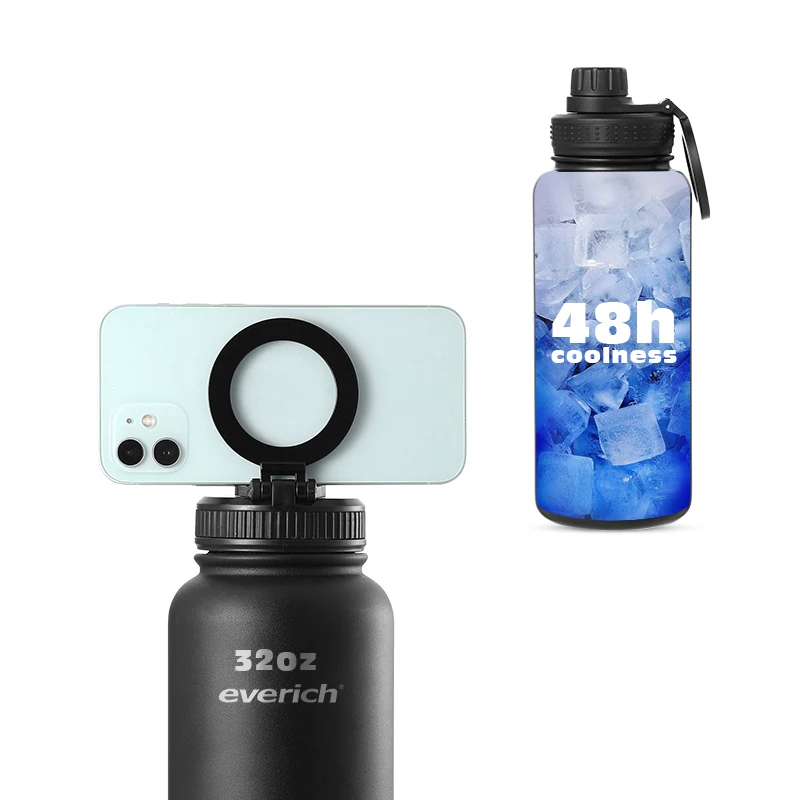 Sport insulated Magnetic Water Bottle with Phone Mount and Tripod for iPhone Gym Outdoor-Stay Cold Sports Bottle (Black)