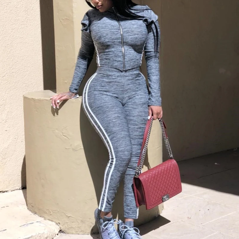 Wholesale Sport 2 Piece Legging Sets Women Frilled Striped Leisure Tracksuit Clothing Two Piece Outfits