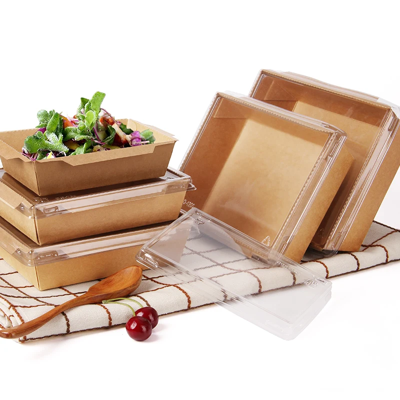 Disposable recycle  kraft paper  food lunch packaging box with compartment Anti-fog PET Lid /Salad  takeaway pack boxes