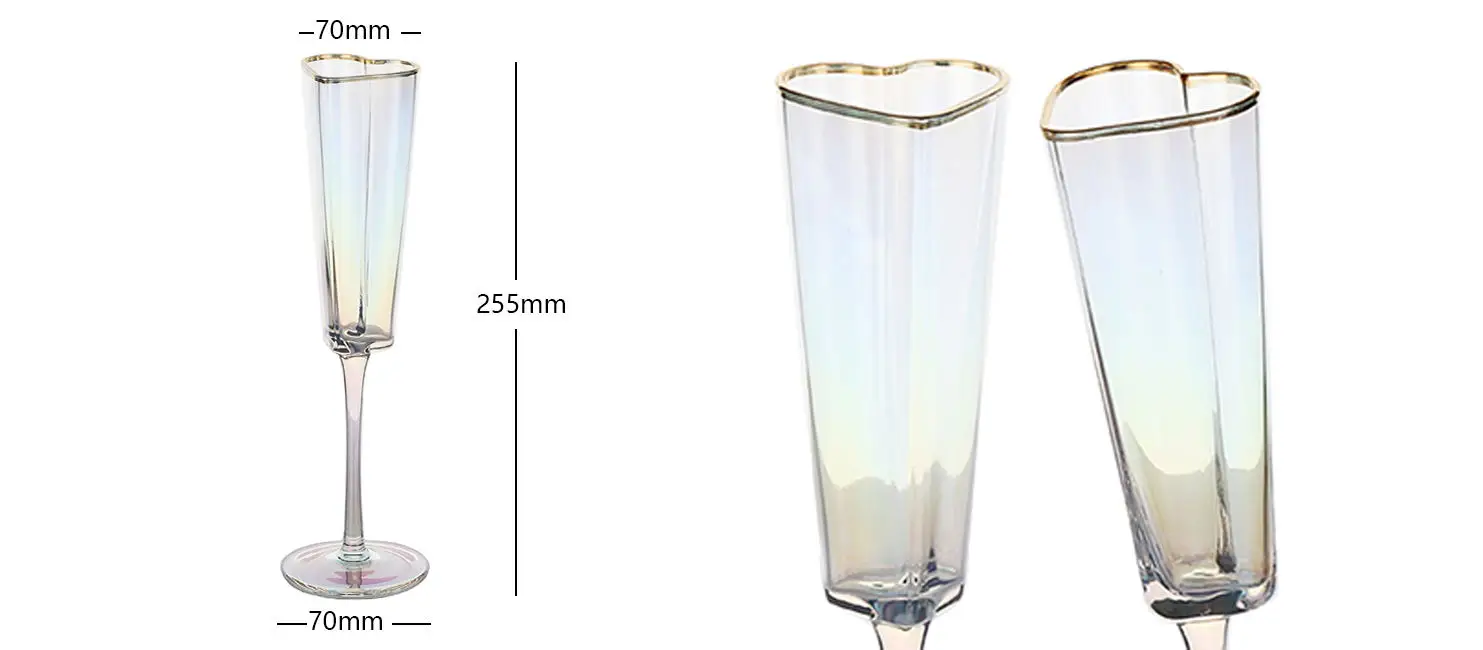 gold rim luster heart shape champagne flute glasses
