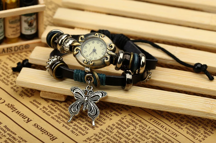 2022 Vintage Fashion Braided Leather Ladies Watches With Bracelets Butterfly Pendant Wrist Watches for Girls