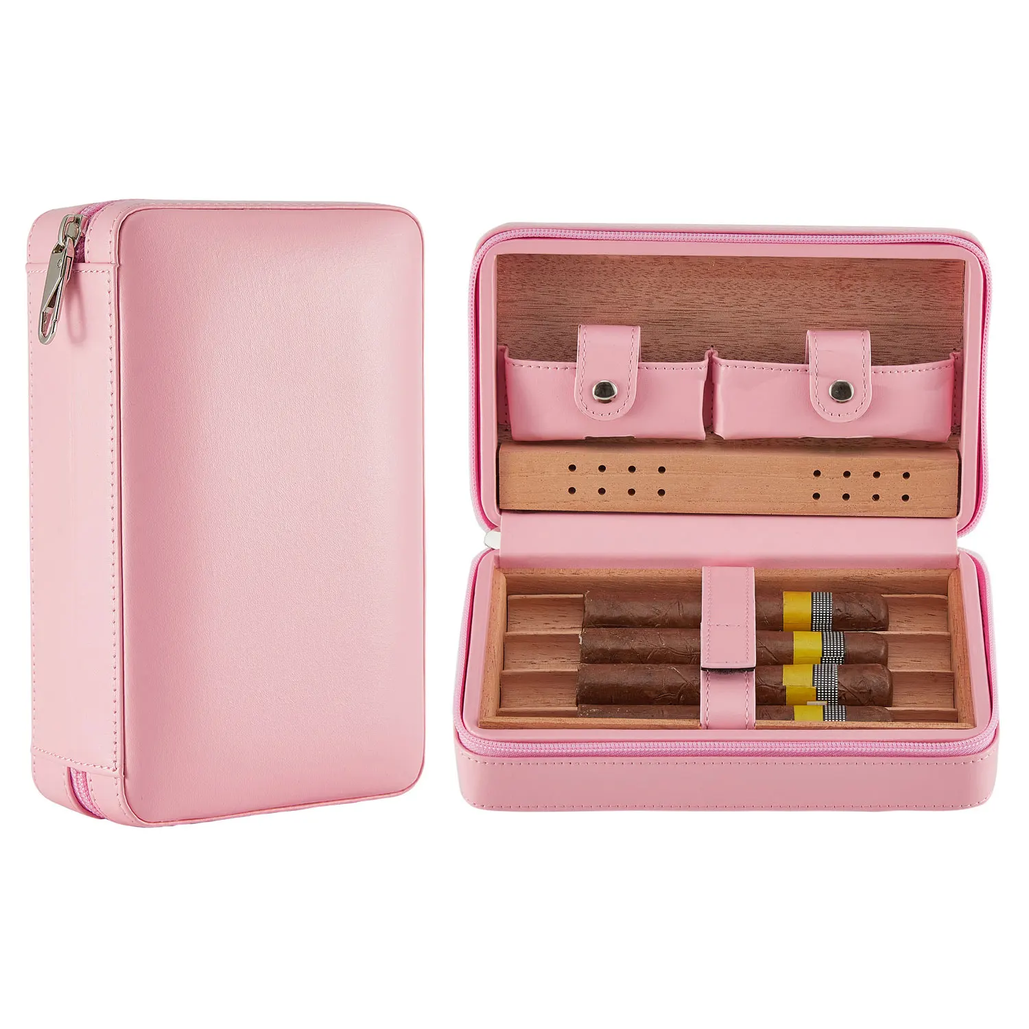 Розовый кожаный высококлассный дорожный деревянный коробочка для сигар, увлажнитель, кедровый поднос, аксессуары для дома и офиса для сигар, женский подарок