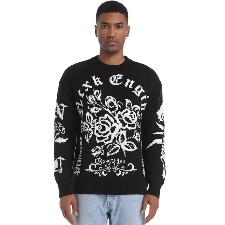 Custom LOGO OEM & ODM men sweater Jacquard pattern knitwear crew neck knit jumper winter cotton designer knit sweater for men