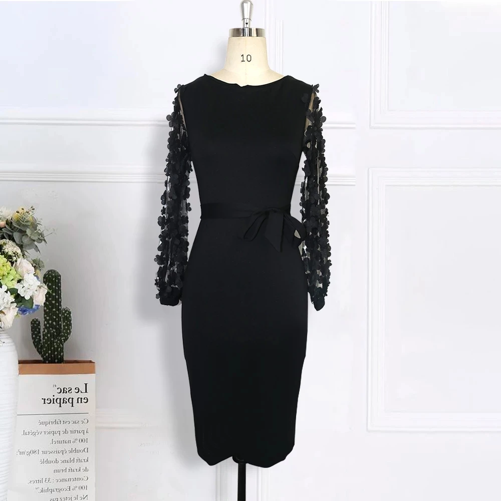Elegant Classy Modest Patchwork Appliques Women Work Wear Vestidos Black Office Ladies Bodycon Dresses with See Through Sleeves