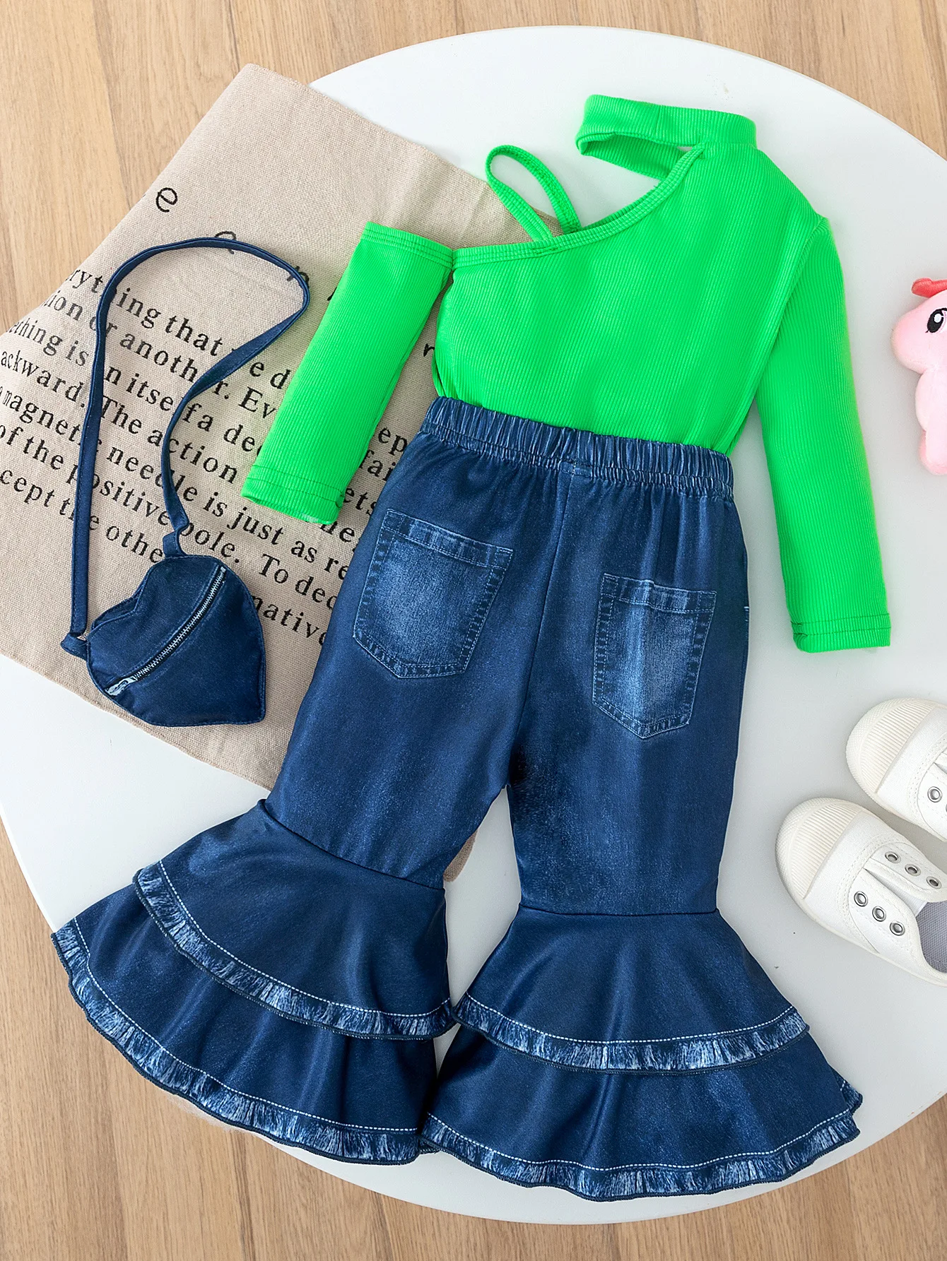 New arrival baby girls cartoon unicorn printed long sleeve t-shirt + flared denim jeans pants + heart purse 3pieces clothing set