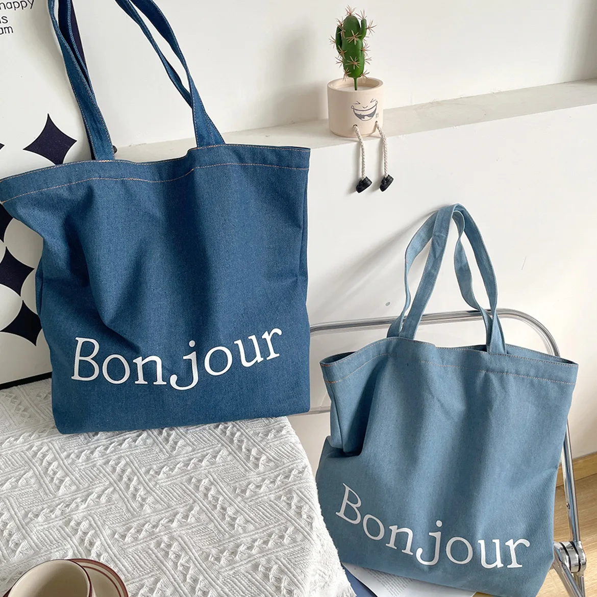Hot Sale Design Recycle Women Shoulder Denim tote Bag Custom Cotton Canvas Shopping Tote Bags with Custom Printed Logo