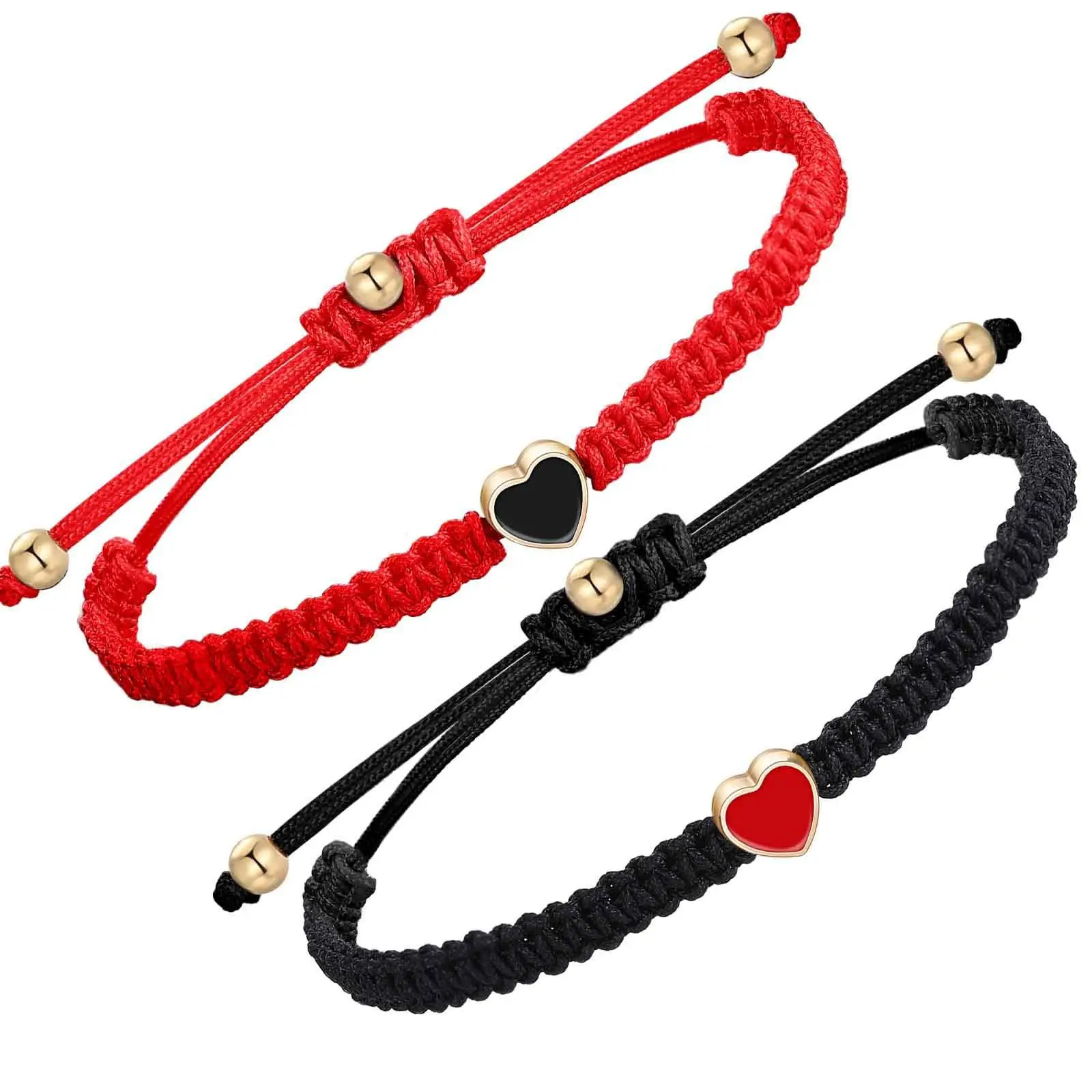 2Pcs Set Couple woven bracelet Alloy color gold enamel heart bracelet Jade String flat knot love woven bracelet set