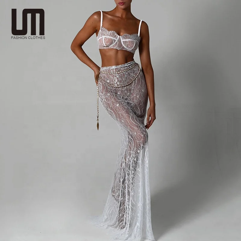 Элегантные 2024 Осенние Новые товары для женщин 2 шт. прозрачные кружевные Майки Топы скинни Макси комплект из юбки