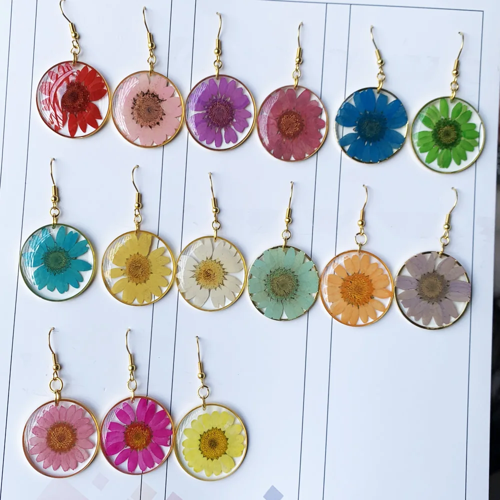 Fashion Gold Filled handmade Bohemian Resin Dried birth month Flowers daisy Stainless Steel Earrings hook For Party