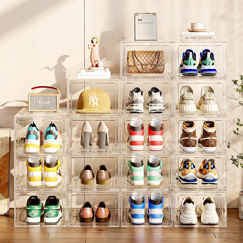 Shoe Boxes with Custom Logo Drop Front Clear Magnetic shoe box packaging Acrylic stackable customized shoe boxes storage
