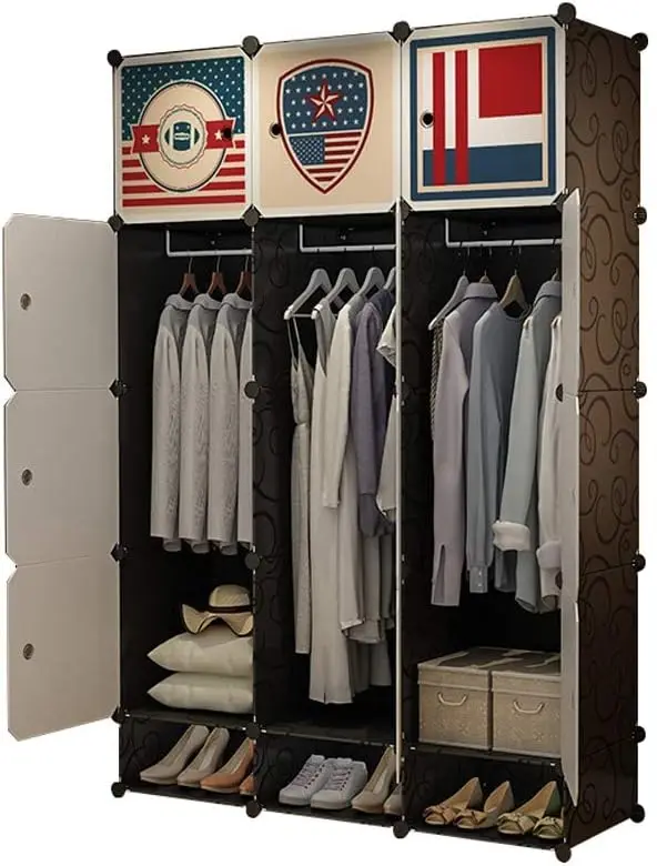 Cheap 12 Cubes Black Plastic Cabinet Fitted Wardrobes Armoir Bedroom Wardrobe Closet With Shoe Rack