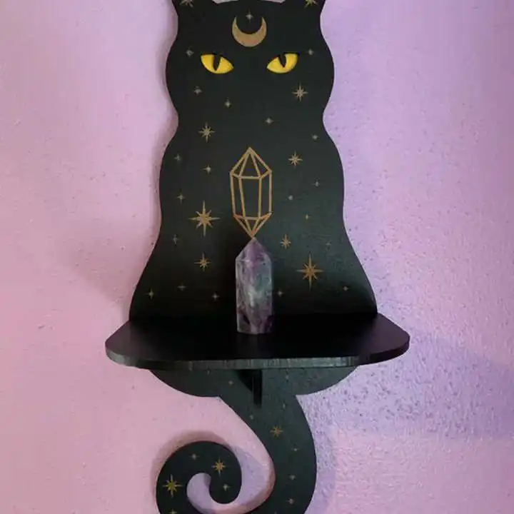 Wall Decorative Shelving Ornaments Holder Moon phase and Cat Shape Decor Crystal Display Shelf Altar Witch Pendulum Stand