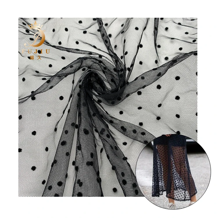 Hot Sales Printing Flocking Polka Dot Tulle Flocked Mesh Roll Fabric For Skirt Decoration