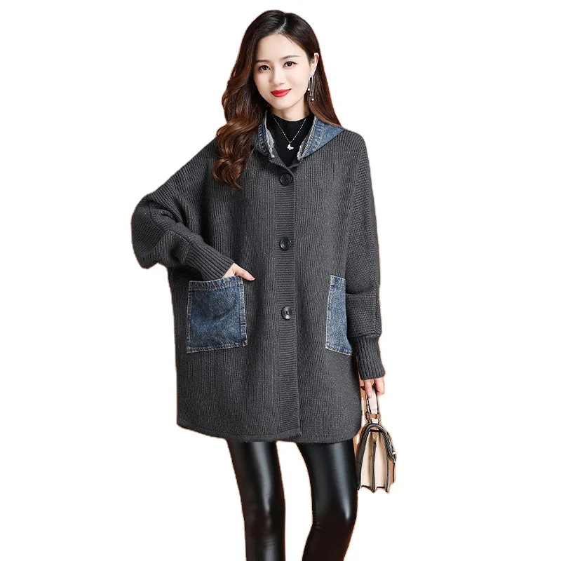 Autumn winter new arrival fashion lady batwing sleeve loose fit jacket patchwork plus size sweater hooded coat