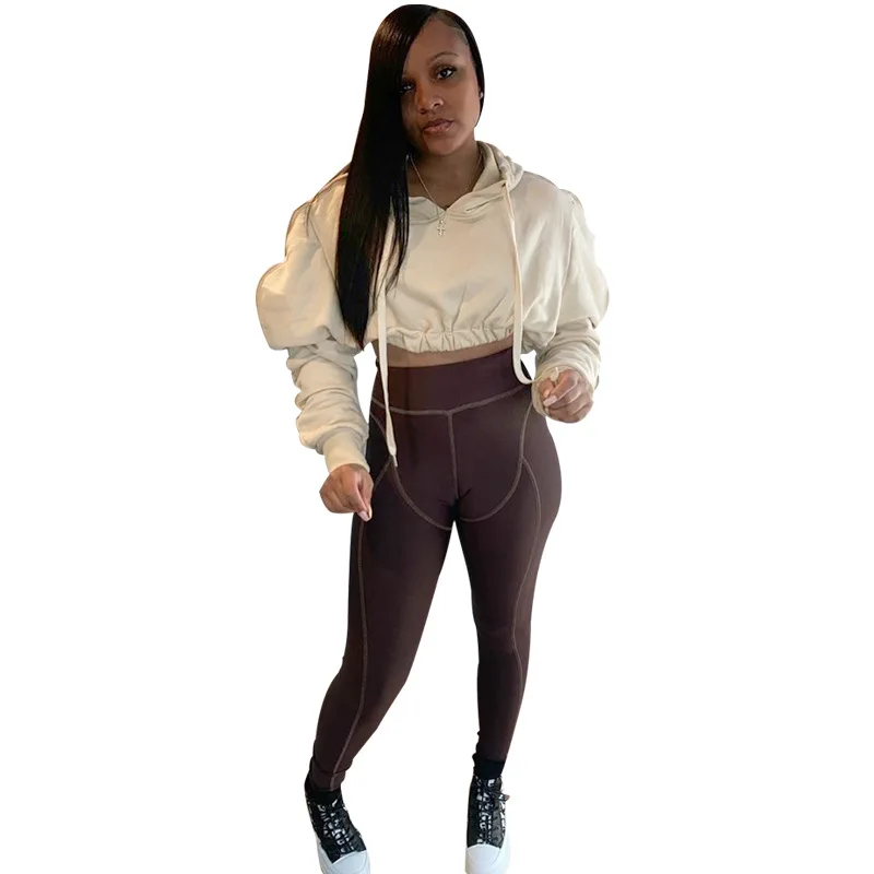  2020 New Style Streetwear Woman Tops Fashionable Puff Sleeve Solid Long Crop Top Hoodie Ladies