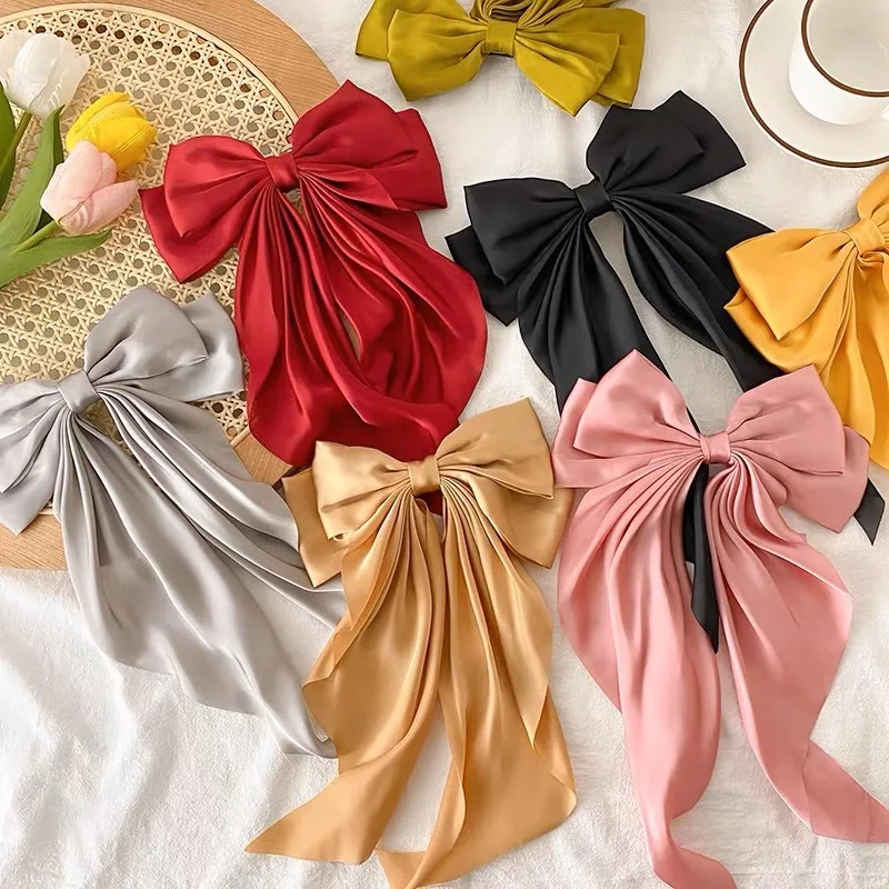 Top-Ranked Silky Satin Hair Accessories Spring Summer Long Tail Bows Clip Hairpin Composed  Alloy Ribbon Fabric and Metal