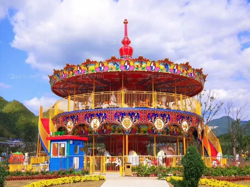 Beston Large Carousel Horse Fairground Double-Deck Merry Go Round Carousel For Sale