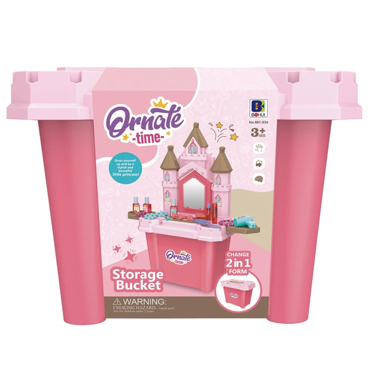 Fashion Princess Girls Makeup Set kid makeup To Storage Bucket Dresser With Kids Mirror Toy Simulation Pretend Play Set