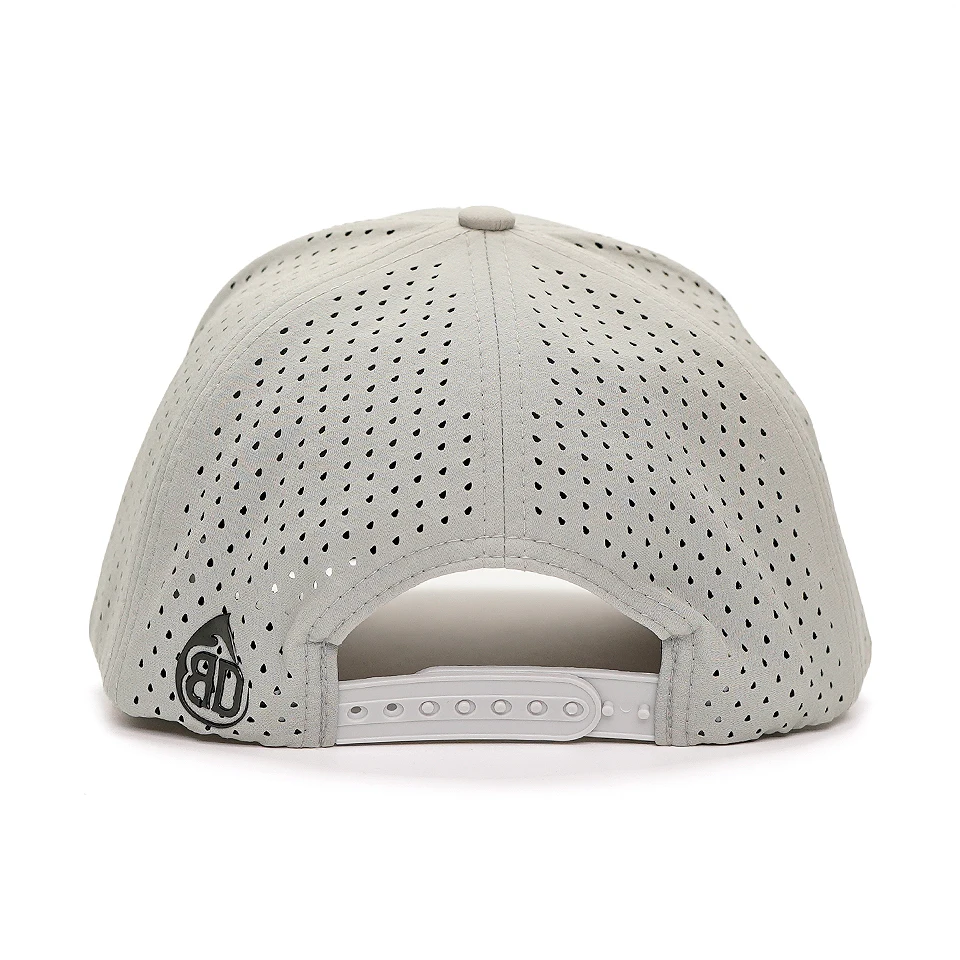 custom 6 panel rubber patch  dry fit mens gorras snapback cap laser-boring nylon performance golf hat wholesale