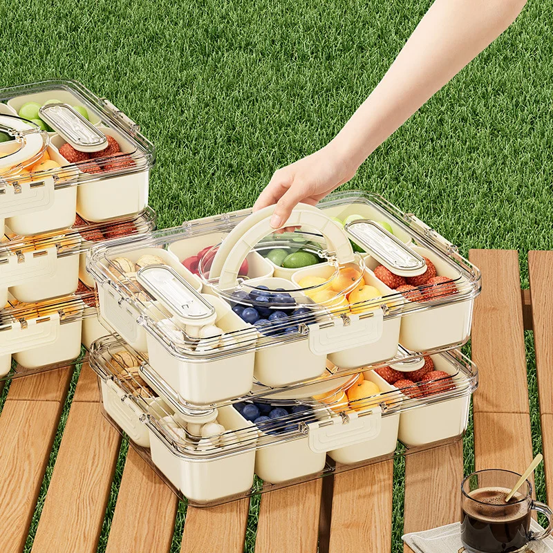Upgraded Portable Fruits Snack Storage Box Refrigerator Fresh Food Grade Sealed Box 8-Compartment Serving Tray with fork spoon