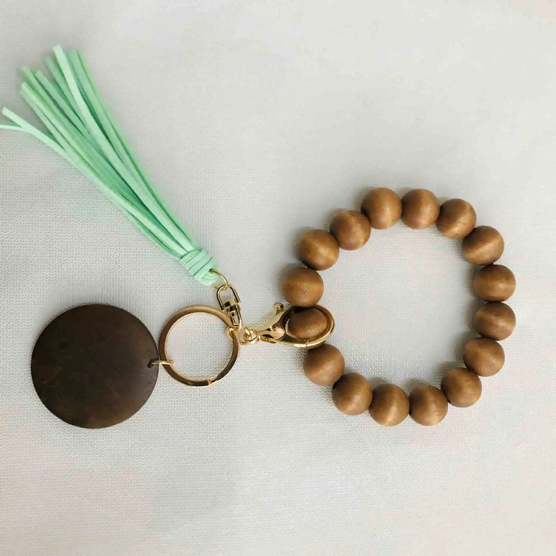A 2356 Personalized String Keychain Wood Elastic Beaded Fringed Bangle Keychain Monogram DIY Wooden Bead Tassel Keychains