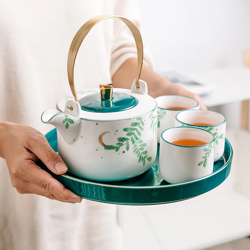 
Jade-cer porcelain vintage 1 teapot and 4 cups set with 1 servicing plate Japanese style 