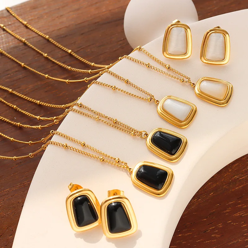 New Fashion Stainless Steel Necklace Square Natural Stone Pendant Necklace 18K Gold Plated Jewelry For Women
