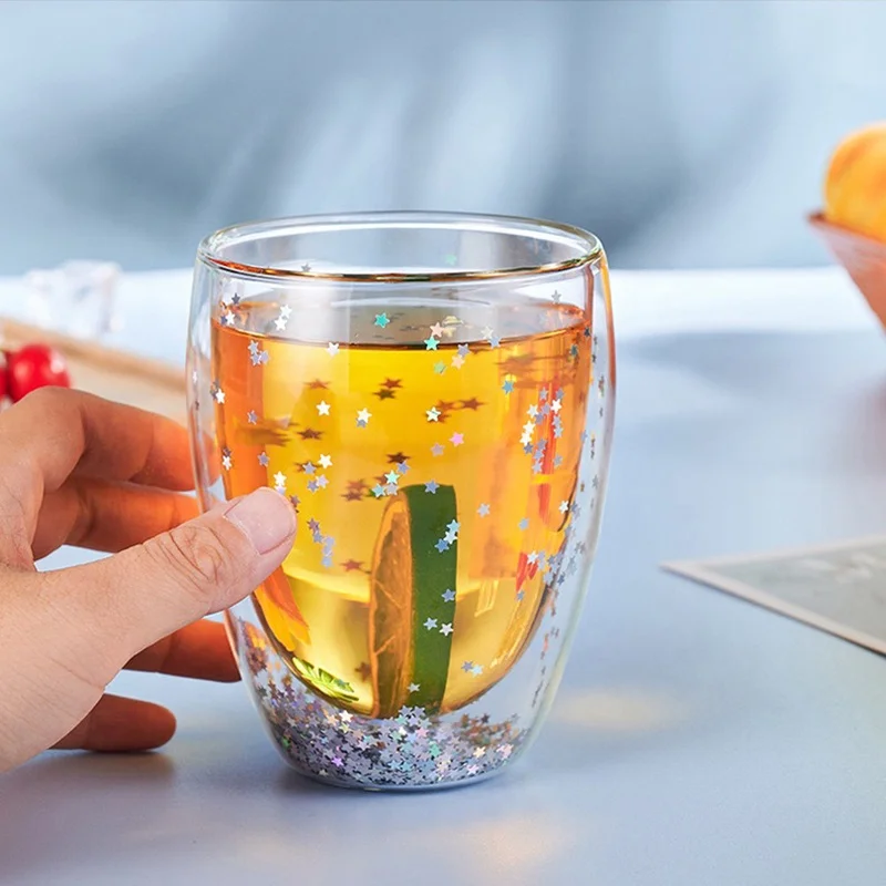 Snow Globe Glass Mug Reusable Double walled Coffee Tea Mug Glass Drinkware Cup Coffee Bar Beverage Glasses Rainbow Sequins