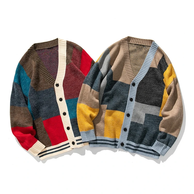 Wholesale Bohemian Custom Vintage Color Block Knitted Cardigan Sweater For Men
