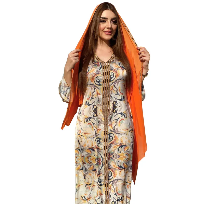 abstract painting fabric Gold color metal chain decoration islamic women abaya and matching with hijab