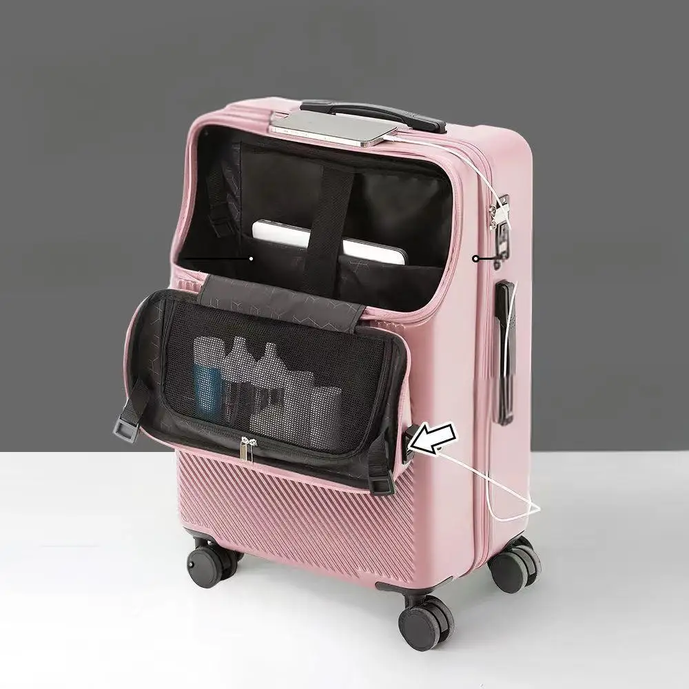 New multifunctional front opening boarding box strong and durable student charging usb port wheel travel trolley combination