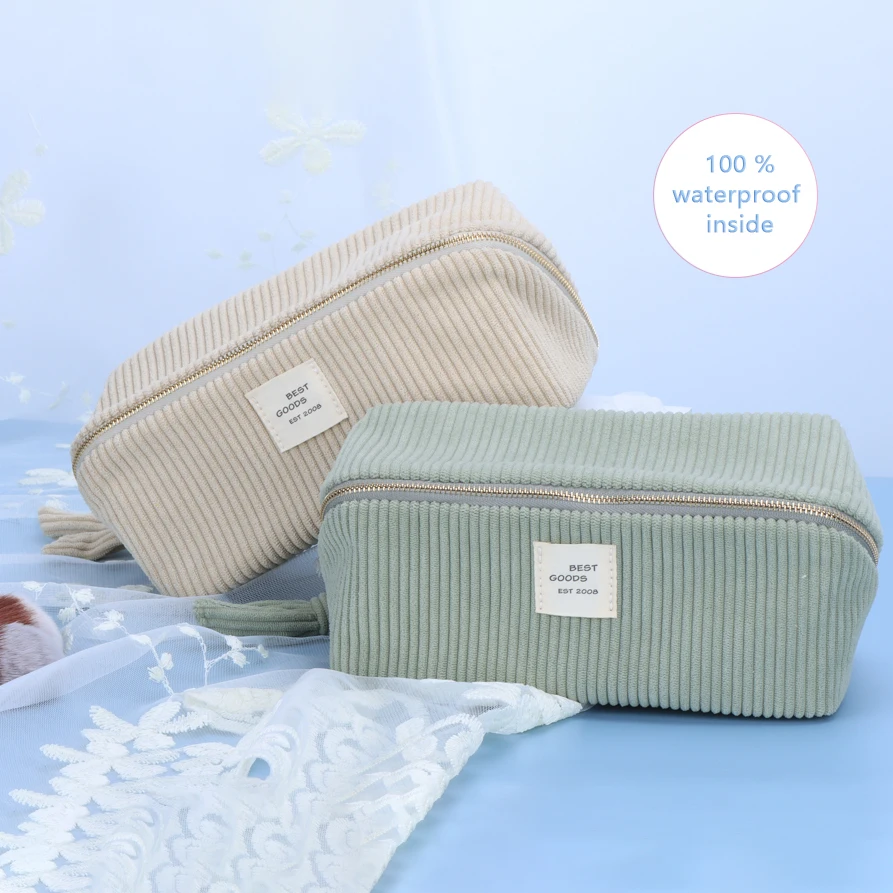 Wholesale custom logo unique large travel waterproof green women cosmetic bags or pouches corduroy makeup bag