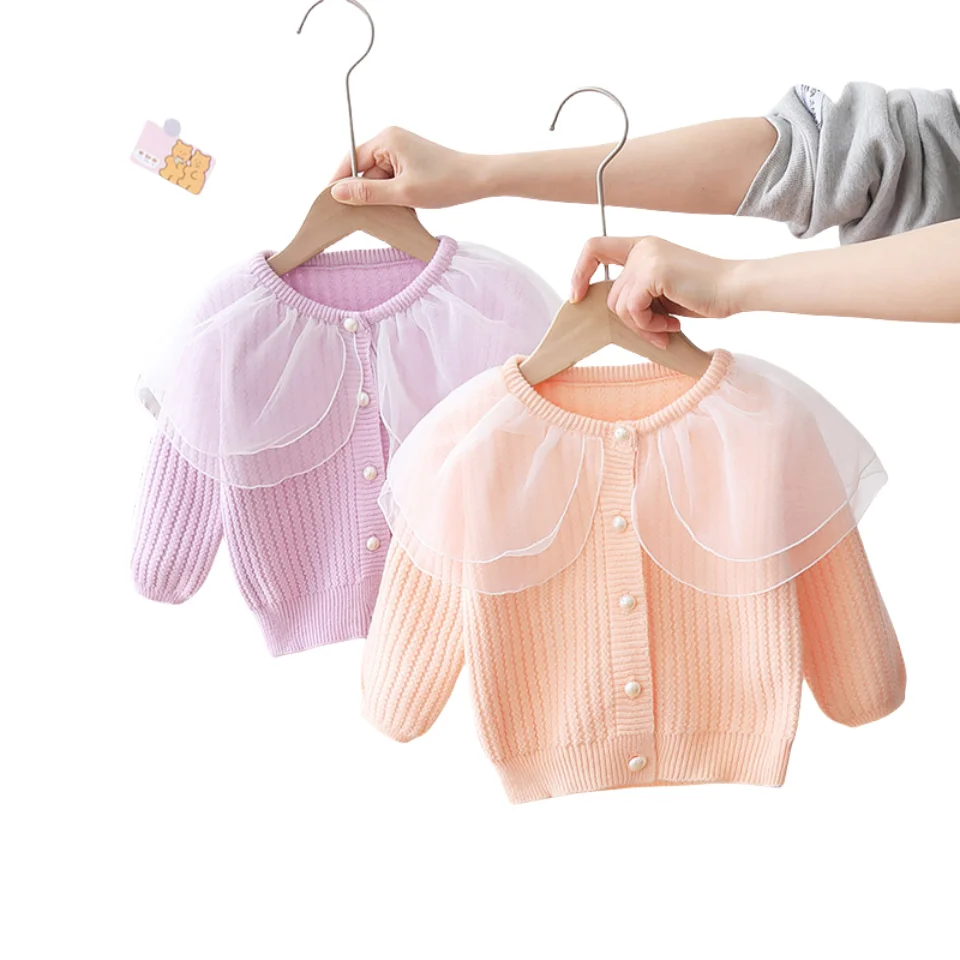 2024 Fashion Winter Autumn Candy Color Children Knitted Top Tulle Sweet Princess Baby Girls Cardigan Sweaters