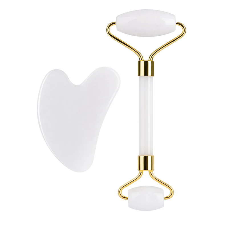 
White Jade Roller Noiseless, Rose Gold Metal Frame Jade Face Roller Facial Tool Massage Body Stone Massager 