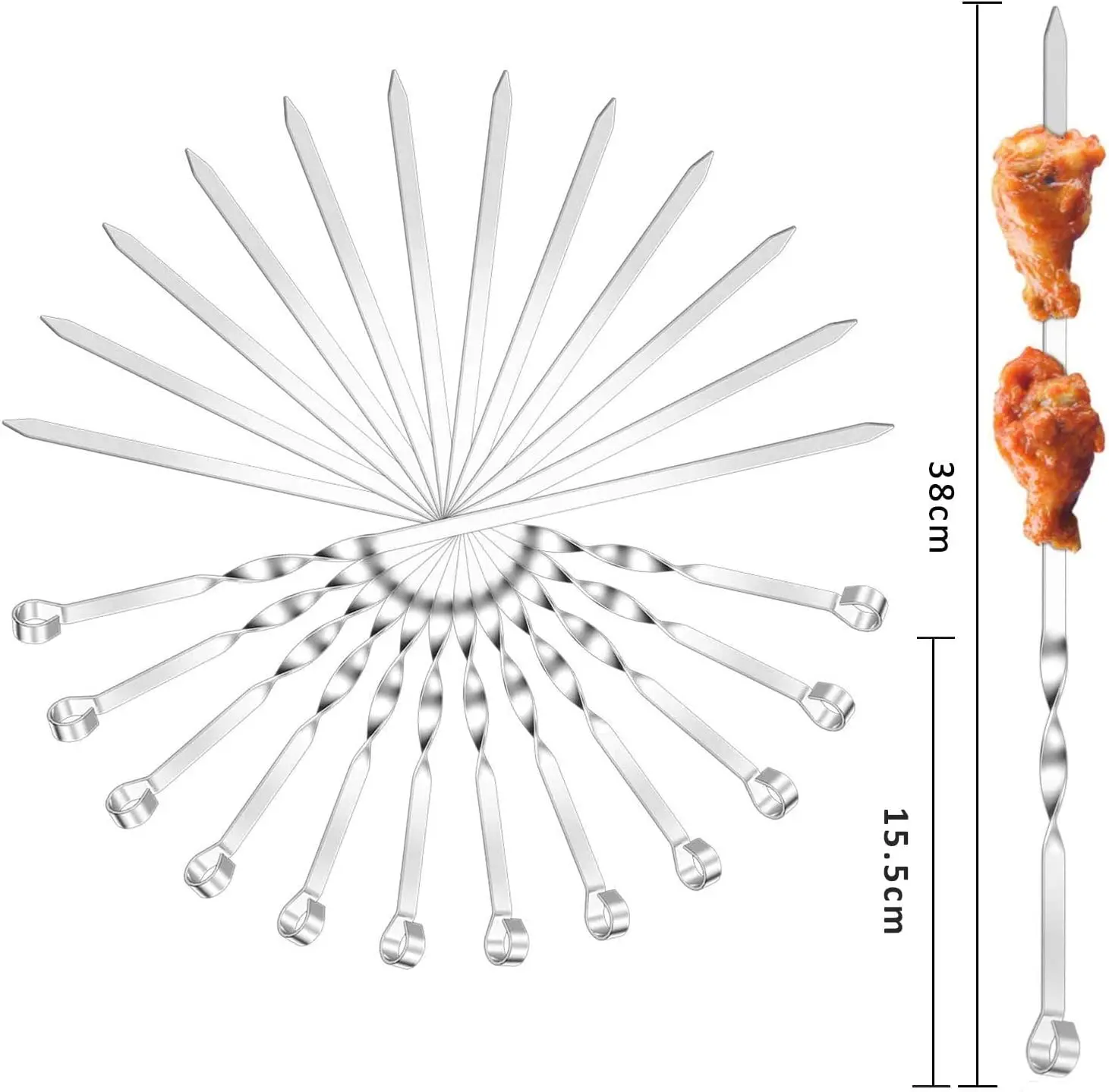12PCS Stainless Steel BBQ Kebab Meat Skewers Set, Flat Barbecue Shish Kebab Stick for Meat Vegetables