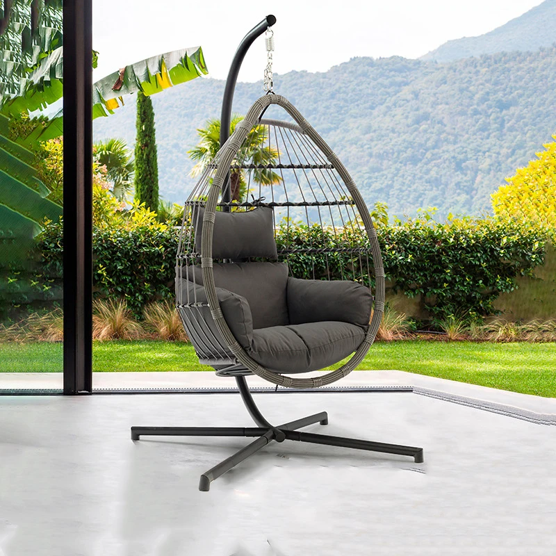 Wholesale Foldable Outdoor Indoor Furniture Modern Balcony Patio Garden Rattan Basket Egg Hanging Swing Cushion Chair With Stand