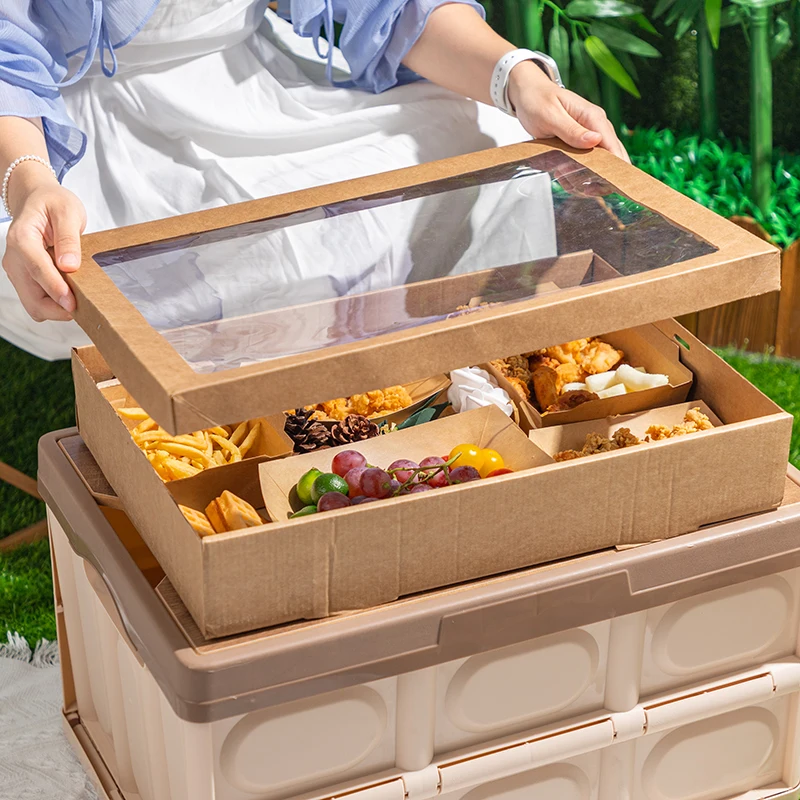 LOKYO eco friendly donut sandwich kraft paper takeaway camping picni ccatering platter box with window lid