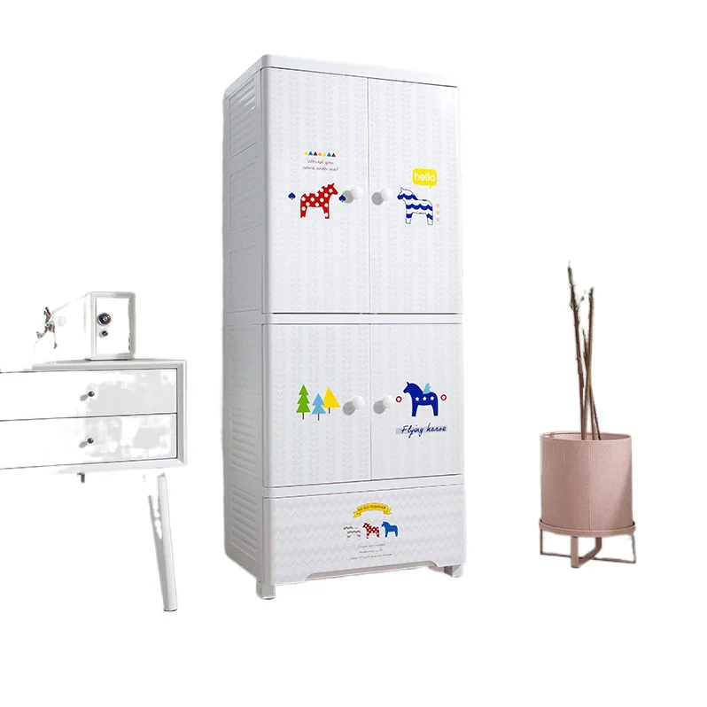 Высококачественный шкафчик детской одежды, Простой пластиковый сборный детский гардероб с мультяшным рисунком