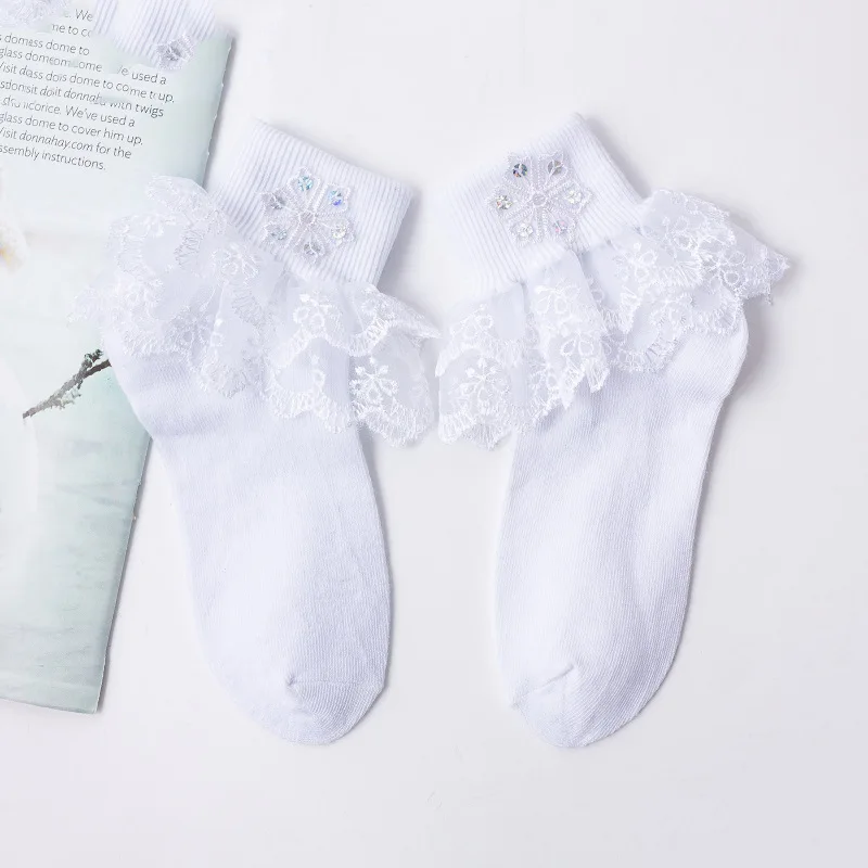 Spring Autumn Lace Lace Bow Pearl Baby Girl Socks Wholesale Ruffle White Socks For Children