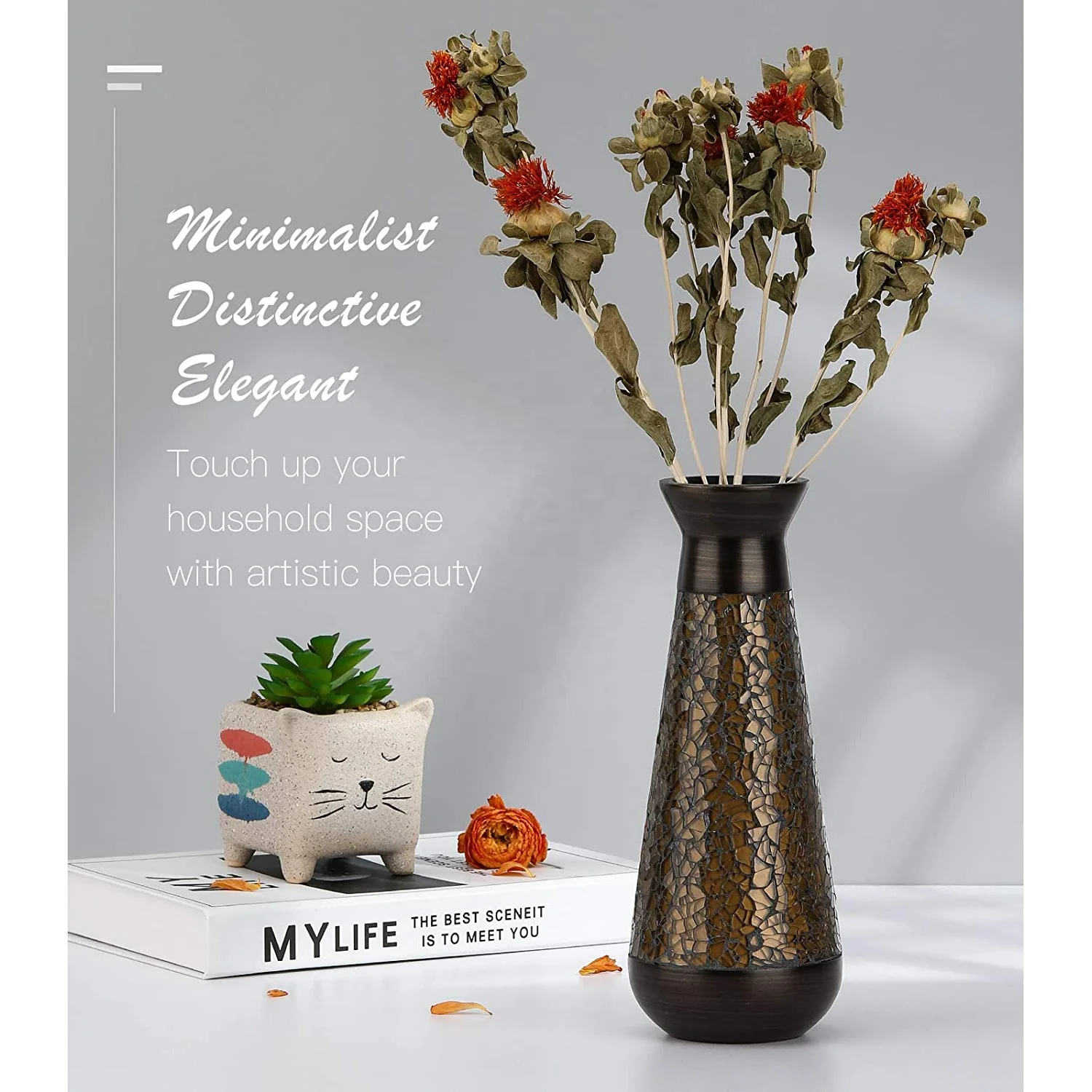 Custom Mosaic Design Decorative Vase Modern Elegant Curved Shaped Office Desktop Living Room Brown Mosaic Resin Vase Flower Vase