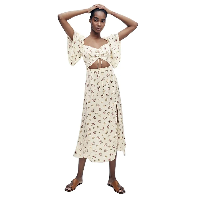 Новый дизайн, летняя длинная юбка для девочек, Темпераментная Женская Милая юбка без рукавов на бретелях с цветочным принтом, комплект из 2 предметов