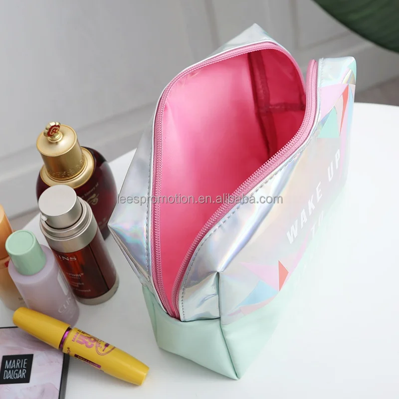 Custom Holographic Shiny Leather Zipper Cosmetic Bag PU Makeup Bag Toiletry Bag for Women