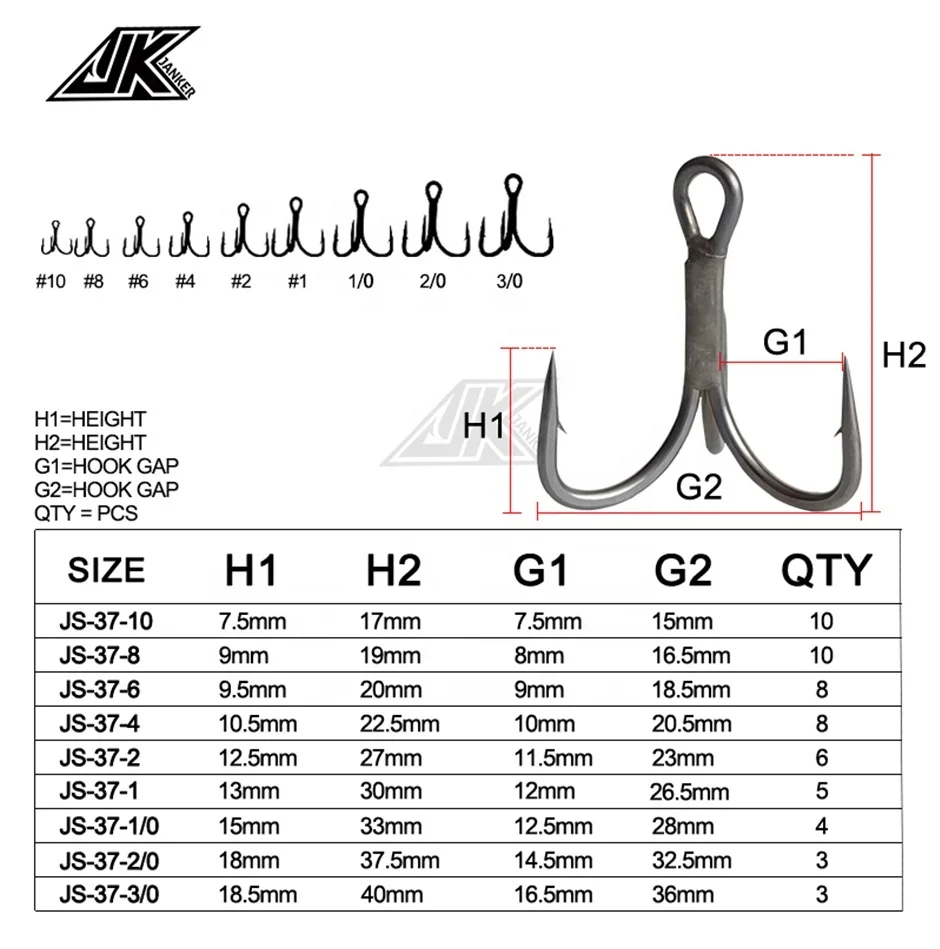 JK High Quality Mustad Wholesale Hardness Sea Fishing Freshwater Saltwater Lure Stainless Steel 3X Treble Hooks